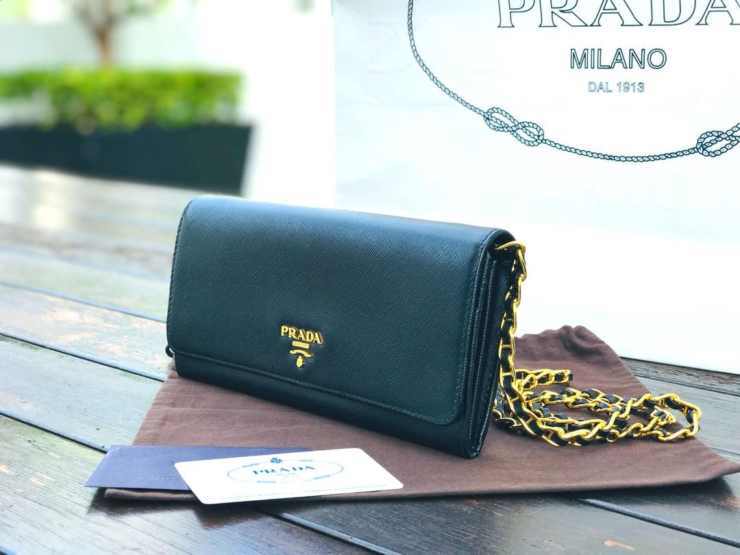 Prada Turchese Saffiano Metal Leather Wallet on Chain Clutch Bag 1M1290