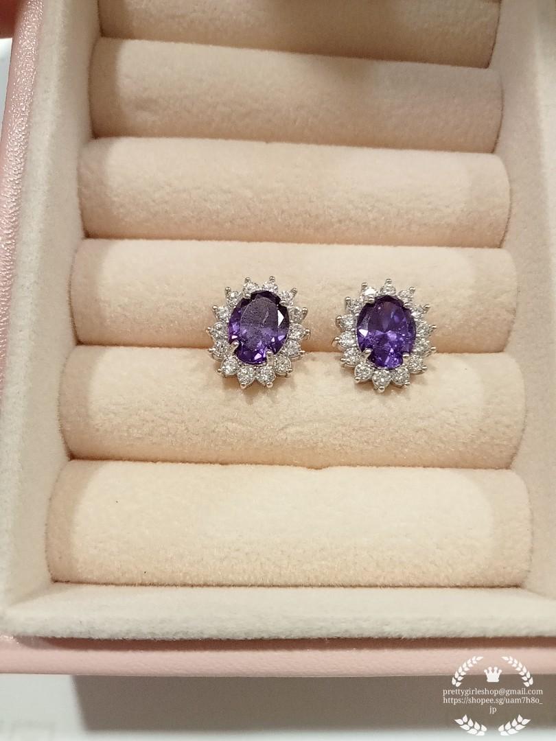 Purple sapphire stud earrings with diamond Women s Fashion