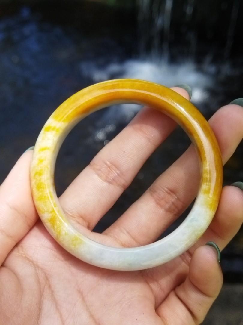 RARE Type A Bright Honey Yellow and White Myanmar Jadeite Jade bangle