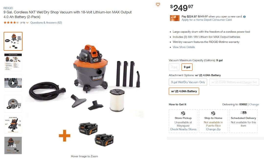 Ridgid Cordless Wet/Dry Shop Vacuum (18V, 9 Gal. + Charger and 2 ...