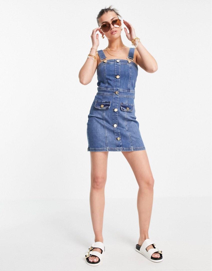 River island fitted denim dungaree mini dress in light blue