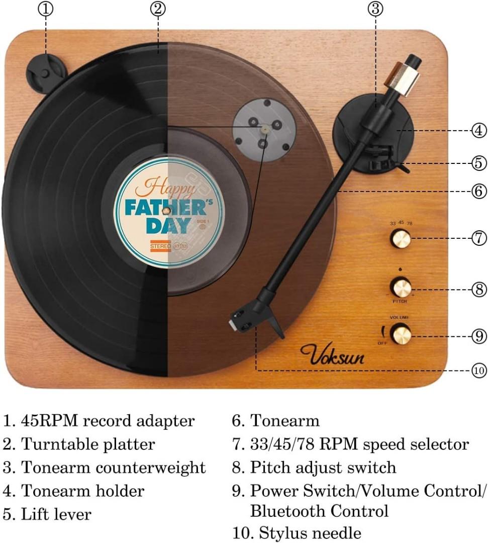 Voksun 3-Speed Precision Turntable with Dual 15 Watt Speakers, High ...