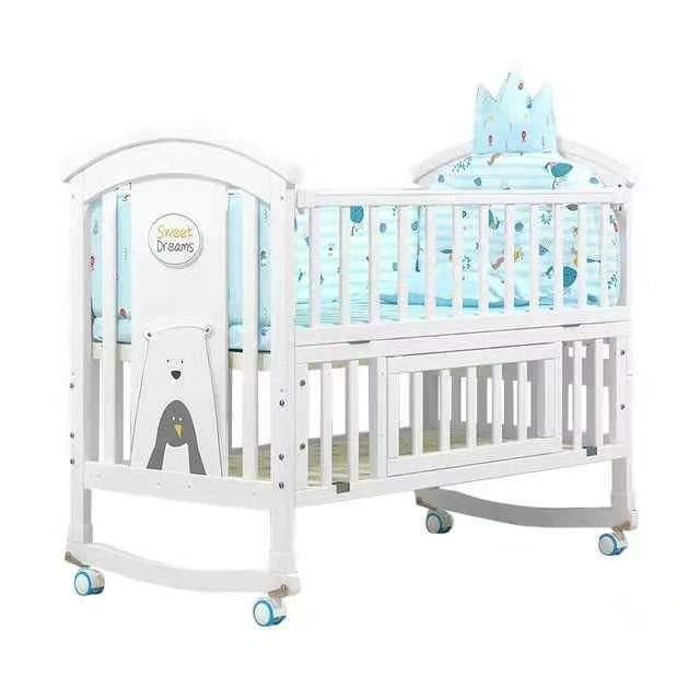 Wooden crib (Category: Cots & Cribs) located in Valenzuela. Submitted by mhegz.25 (Listing ID 1180257469, Image 1). Description: 10-in-1 Multi Function Crib with FREE Bed Mattress and Mosquito Net with Rod -Newborn Crib - Co-Sleeper Bed - Rocker - Playpen - Study Table - Big Storage - Toddlers Bed - Older Kid Bed - Changing Table - Side Organizer Table Item Size: 122*68*102 cm Color： White Material: New Zealand Pine Wood Bed Mattress Size: 4*25*4