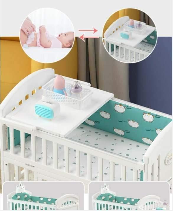 Wooden crib (Category: Cots & Cribs) located in Valenzuela. Submitted by mhegz.25 (Listing ID 1180257469, Image 2). Description: 10-in-1 Multi Function Crib with FREE Bed Mattress and Mosquito Net with Rod -Newborn Crib - Co-Sleeper Bed - Rocker - Playpen - Study Table - Big Storage - Toddlers Bed - Older Kid Bed - Changing Table - Side Organizer Table Item Size: 122*68*102 cm Color： White Material: New Zealand Pine Wood Bed Mattress Size: 4*25*4