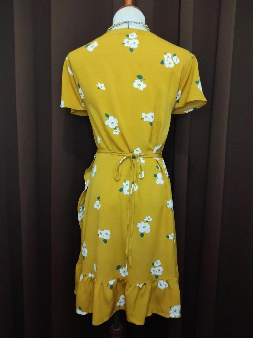 Yellow Mustard Korean Floral Wrap Around Dress, Women's Fashion