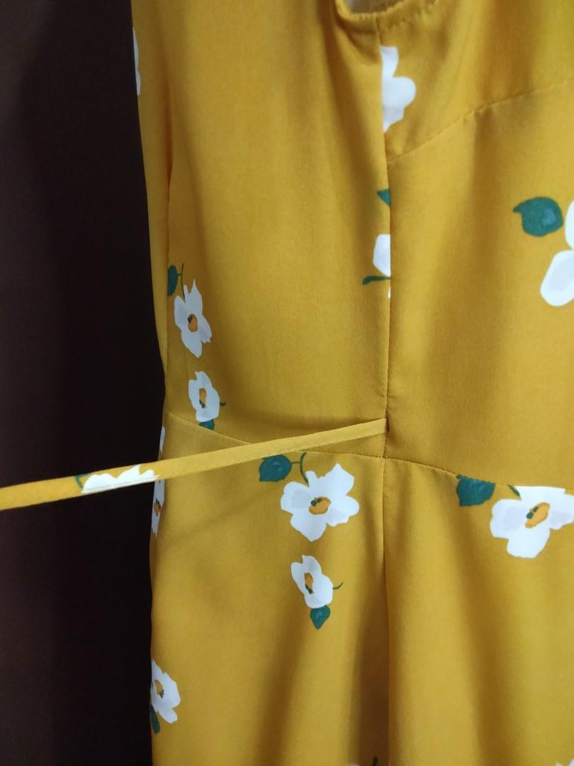 Yellow Mustard Korean Floral Wrap Around Dress, Women's Fashion