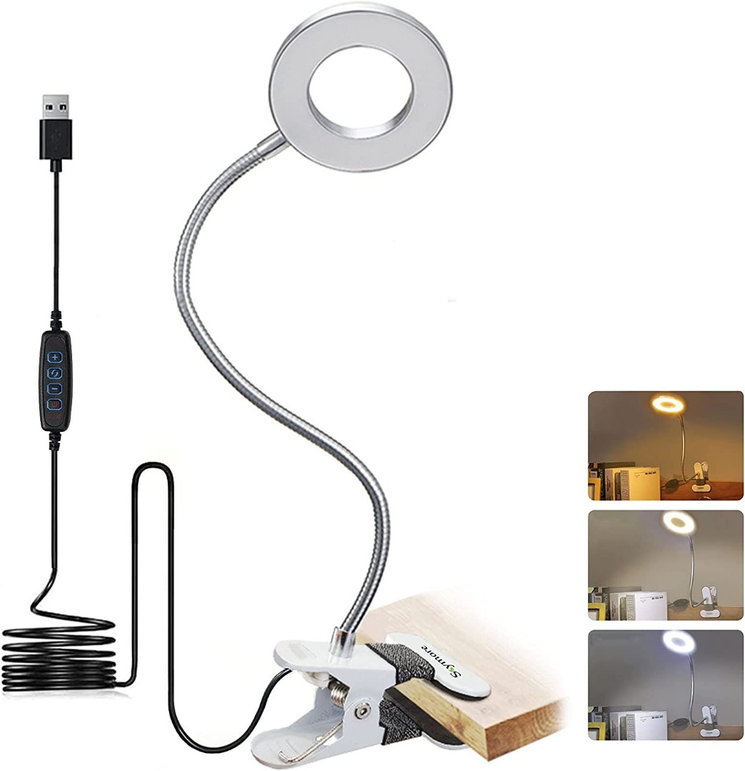 Black 5W Bed Lamp Dimmable with 11 Levels of Brightness for Office Reading LED USB Reading Light/Clip on Lamp/Desk Lamp Home Study Work 3 Modes 