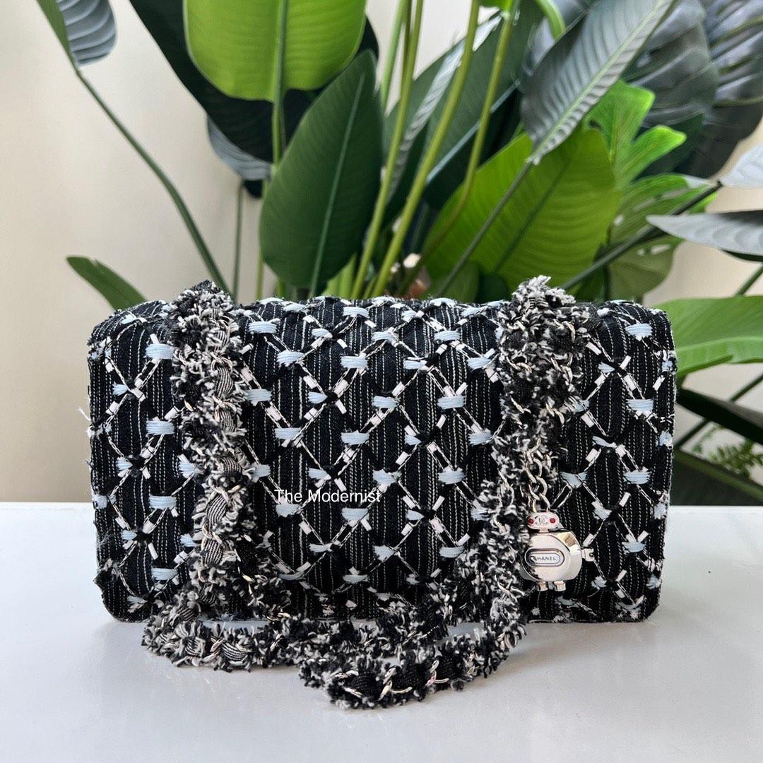 Authentic Chanel Limited Edition Woven Denim Tweed Medium Flap Bag with Robot Charm and Silver Hardware