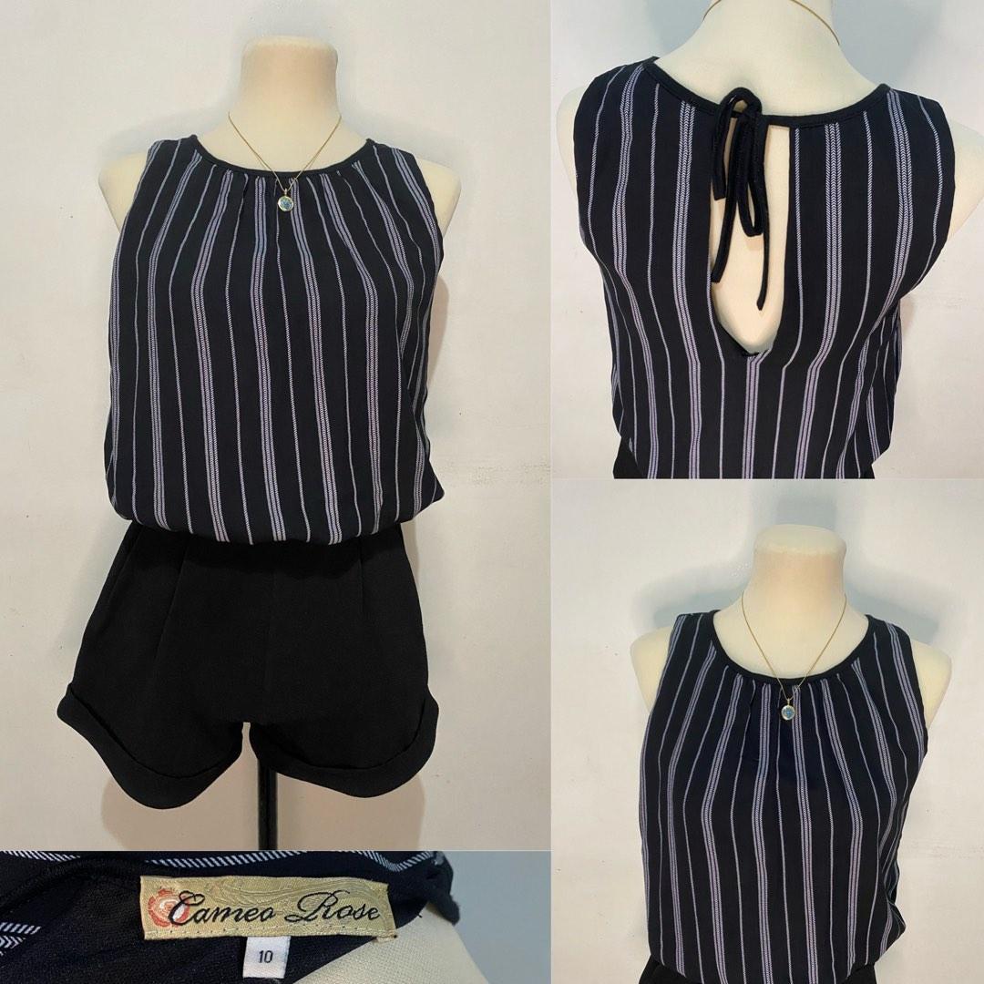 Cameo Rose Asymmetric Blue White Striped Romper (Category: Rompers) located in Bacoor. Submitted by altagrace (Listing ID 1180409478, Image 1). Description: These are preloved but well loved clothings imported from Dubai. Guaranteed good or even high quality items but still not brand new so please always manage your expectations..