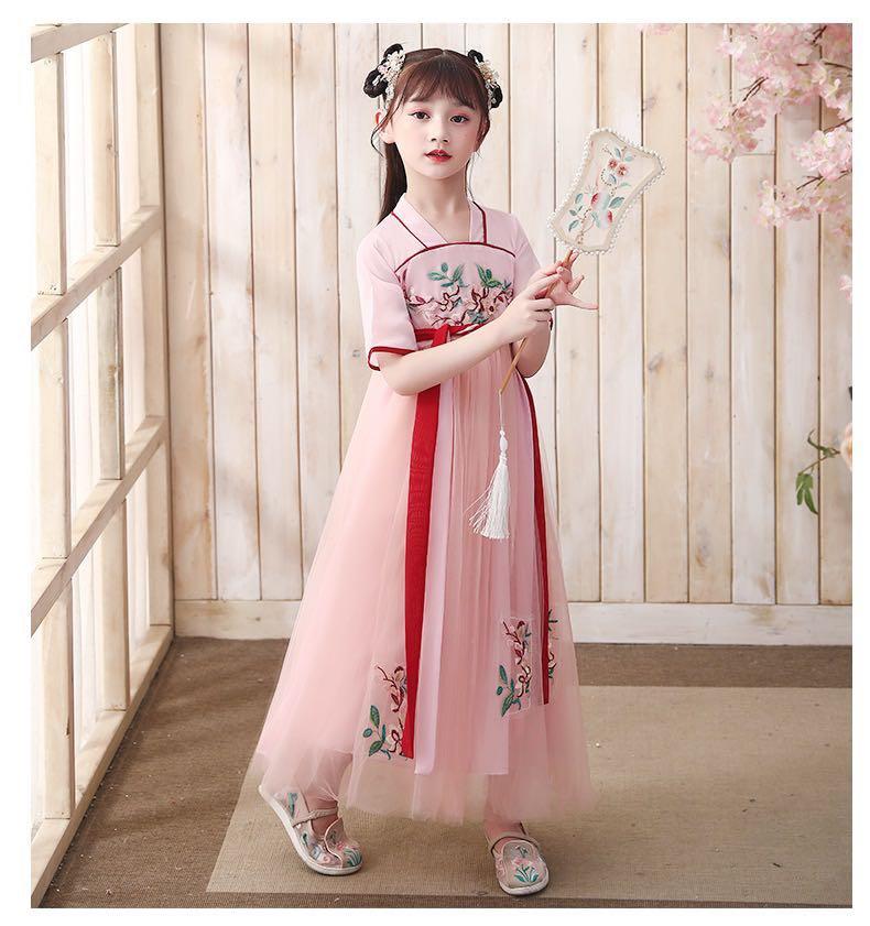 Kidlove Girls Short-sleeved Cheongsam Dress Comfortable Breathable Button  Collar Low Split Design Chinese Traditional Costume For School Party