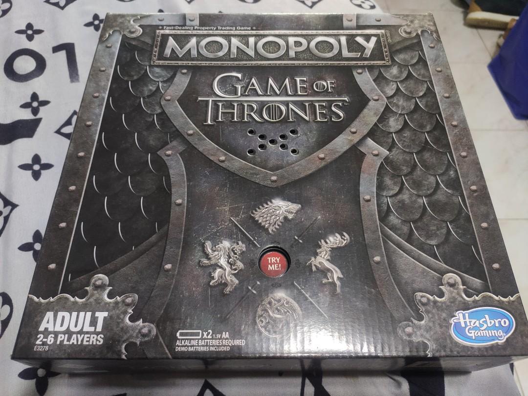 Game of Thrones Monopoly by Hasbro (Category: Board Games & Puzzles) located in Iloilo. Submitted by baotvr (Listing ID 1180386792, Image 1). Description: Excited with the new HBO TV series HOUSE OF THE DRAGON? Never been opened with seal intact. 100% Authentic HASBRO Monopoly gameboard based on the hit TV series from HBO: GAME OF THRONES Includes gameboard, 6 tokens, 28 Title Deed cards, Iron Throne card holder with musical stand, 32 Chance card