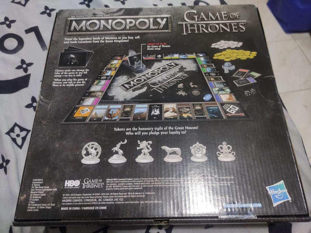 Game of Thrones Monopoly by Hasbro (Category: Board Games & Puzzles) located in Iloilo. Submitted by baotvr (Listing ID 1180386792, Image 2). Description: Excited with the new HBO TV series HOUSE OF THE DRAGON? Never been opened with seal intact. 100% Authentic HASBRO Monopoly gameboard based on the hit TV series from HBO: GAME OF THRONES Includes gameboard, 6 tokens, 28 Title Deed cards, Iron Throne card holder with musical stand, 32 Chance card