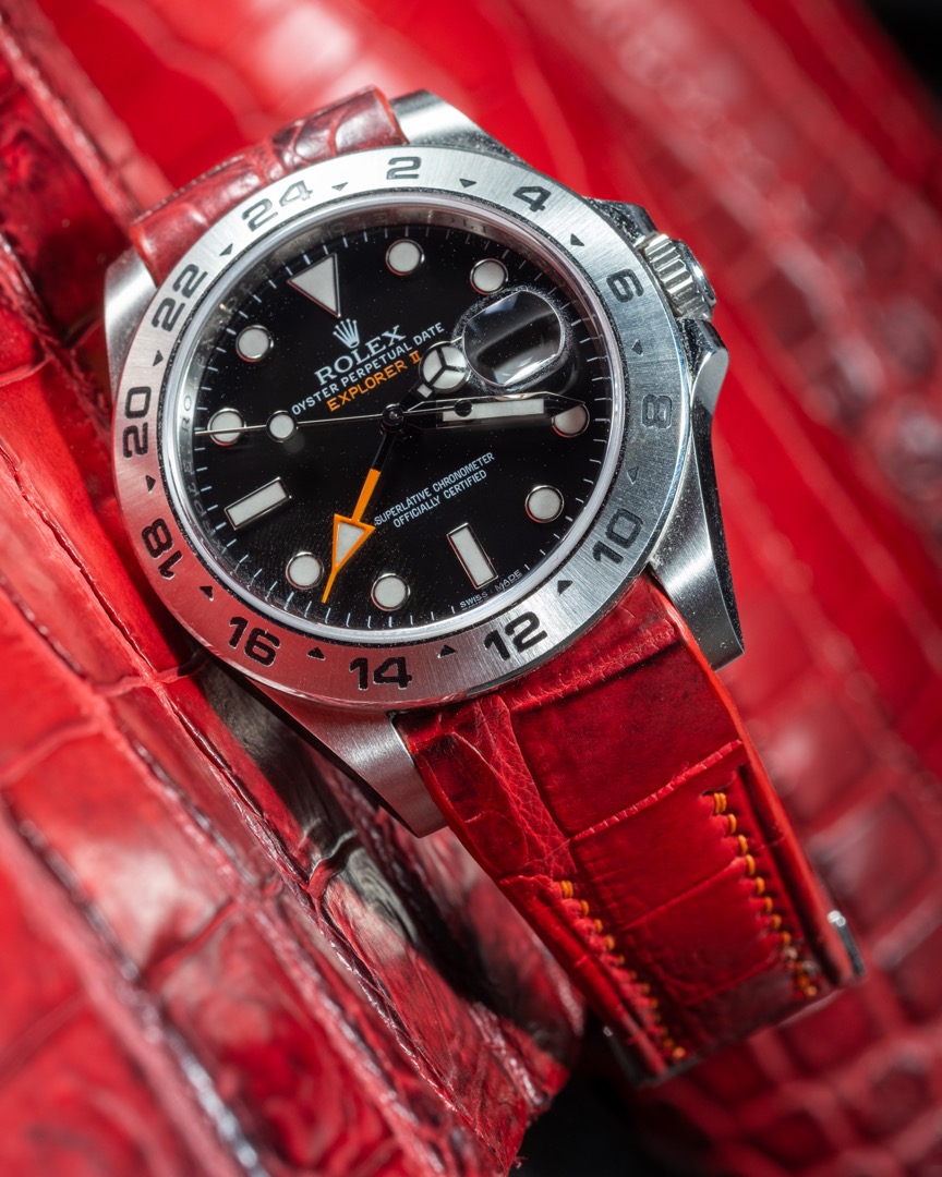 Handmade Hand stitched Watch Strap in Red Himalayan Crocodile Leather For Client s Rolex Explorer II 226570 Watch