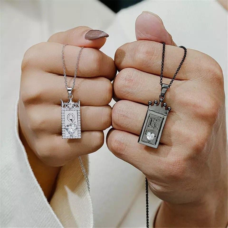 King Queen Dog Tag Couple Necklace Set