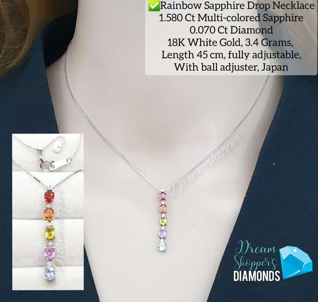 Rainbow multicolor Sapphire drop necklace white gold (Category: Necklaces) located in Manila. Submitted by dreamshopper_manila (Listing ID 1180292745, Image 1). Description: super rare / unique item Complete details in photo Pawnable and genuine Payment first policy Strictly no return no exchange policy On-hand and ready to ship Nationwide Guaranteed Genuine/real diamonds and gold 100% All Natural Diamonds / Gems We Offer the Lowest Price Possibl