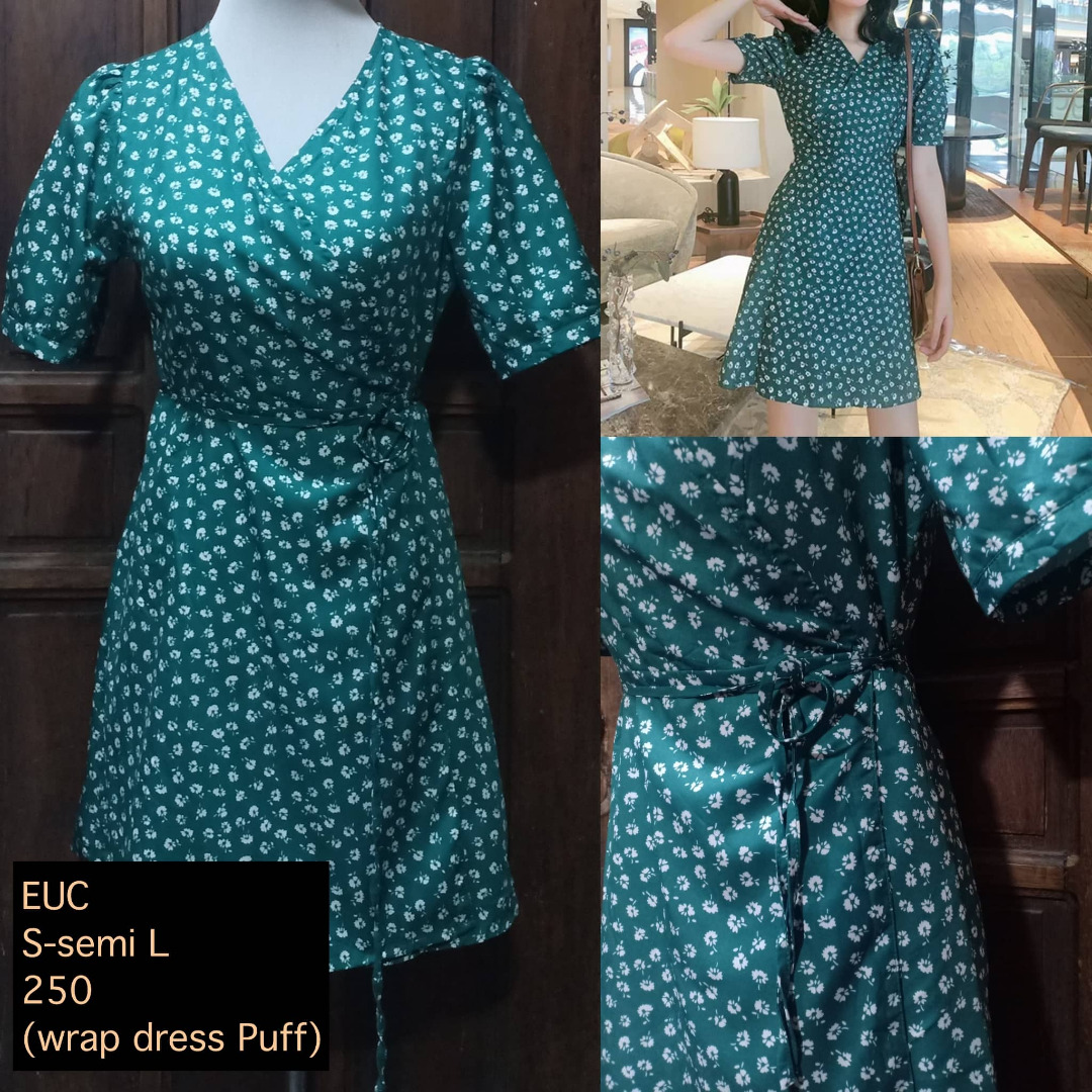 V-neck Puff Sleeve Wrap Dress, Women's Fashion, Dresses & Sets, Dresses ...