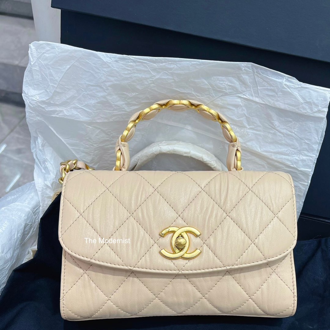 Authentic Chanel Beige Crumpled Lambskin Mini Flap Bag with Top