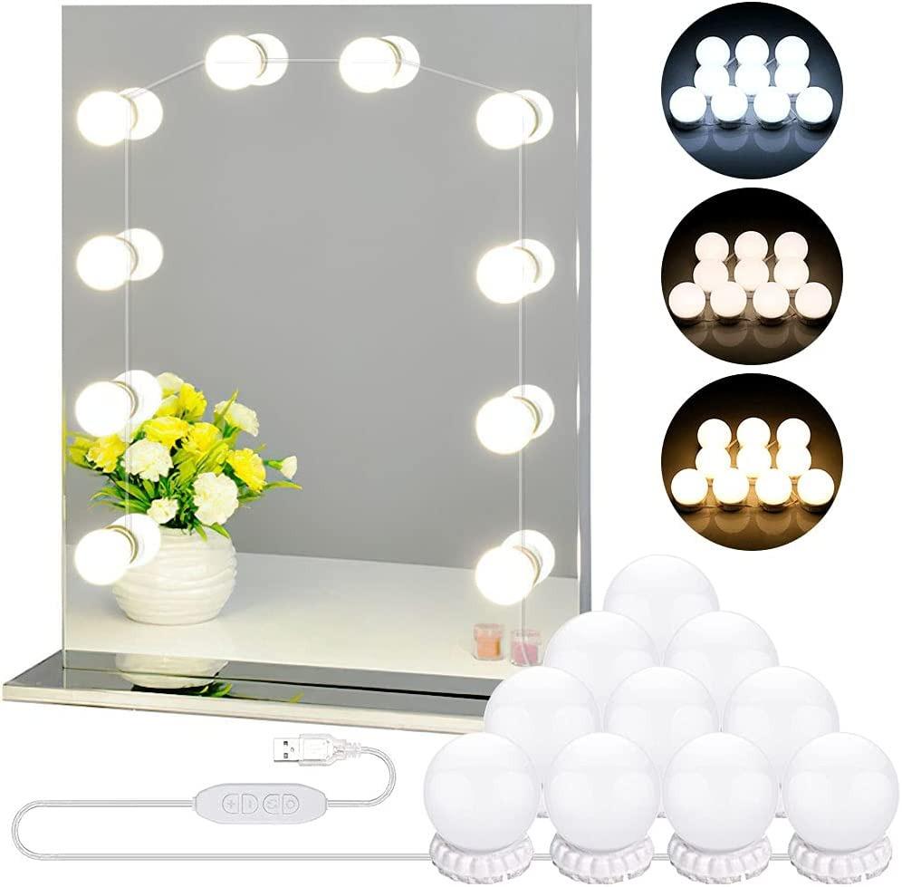 Vanity Mirror Lights Kit,Hollywood Style LED Makeup Light with Switch and 10 Dimmable Bulbs,USB Cable Design Dressing Table Light with 5 Color Modes & 5 Brightness No Mirror and USB Charger 