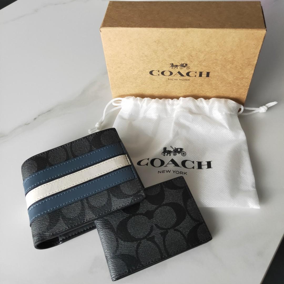 Coach Men's Compact ID Wallet in Signature Canvas with Varsity Strip