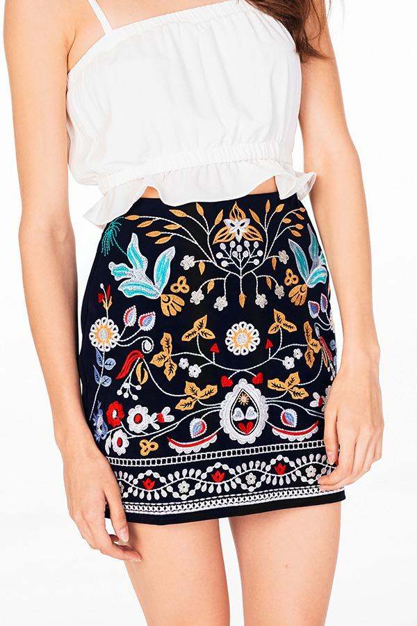 The Closet Lover Elyn Embroidered Skirt in Navy XS Women s Fashion Bottoms Skirts on Carousell