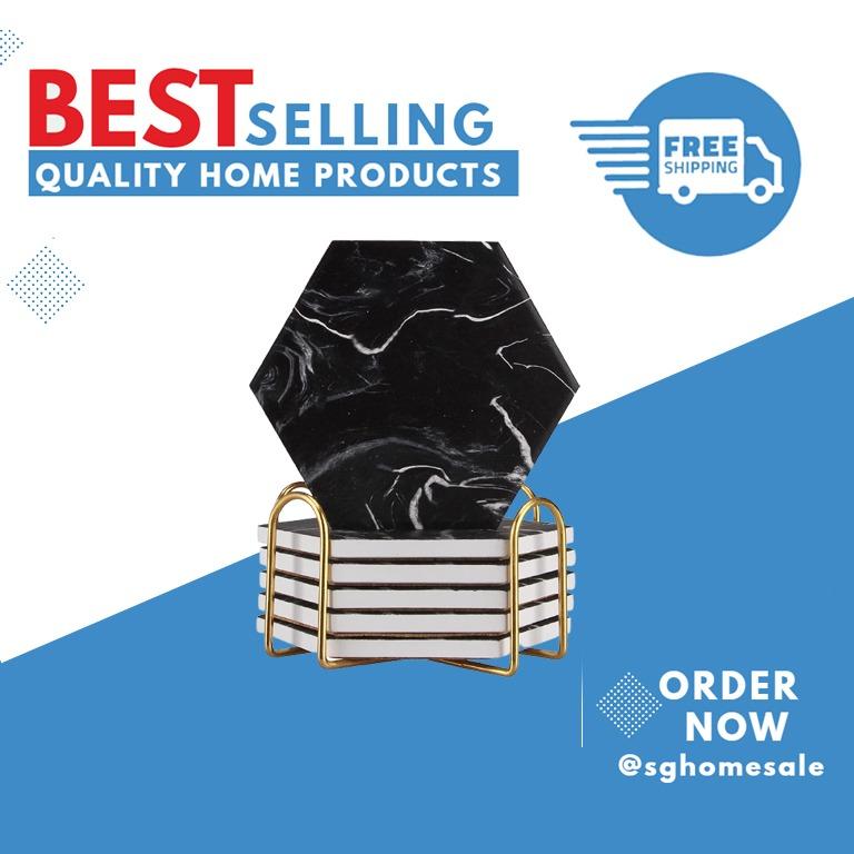 FREE DELEIVERY<< 6 Pcs Cool Black Marble Coasters with Holder ...