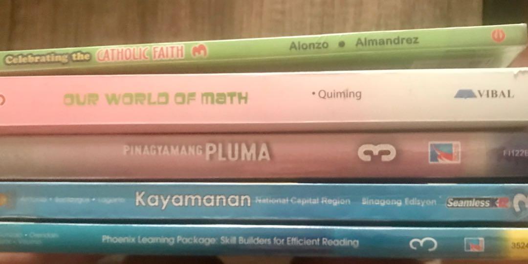 Grade 3 books (Category: Textbooks) located in Quezon City. Submitted by frugalladystore (Listing ID 1180546245, Image 1). Description: 1. Kayamanan 3rd ed 360.00 Brand new price is 724.00 2. Phoenix Learning Package 5th ed 390.00 brand new price is 780.00 3. Pinagyamang Pluma -290 well used 4. Our World of Math - 290 well used 5. Catholic Faith - 280 well used * Well used : few pages were answered. Pictures and videos are available upon request.