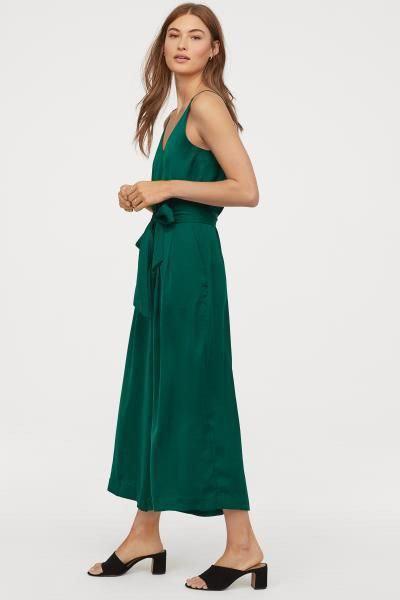 H M V neck Dark Green Satin Jumpsuit Women s Fashion Dresses