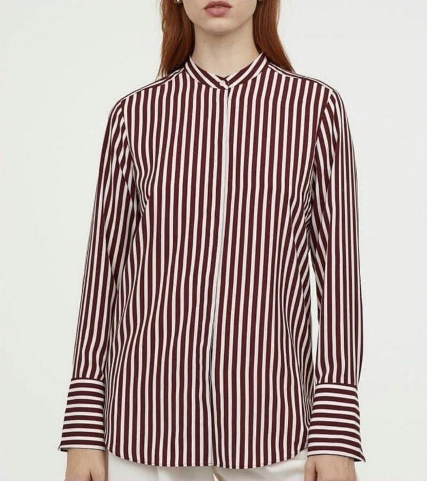 H M Women Burgundy White Striped Satin Blouse