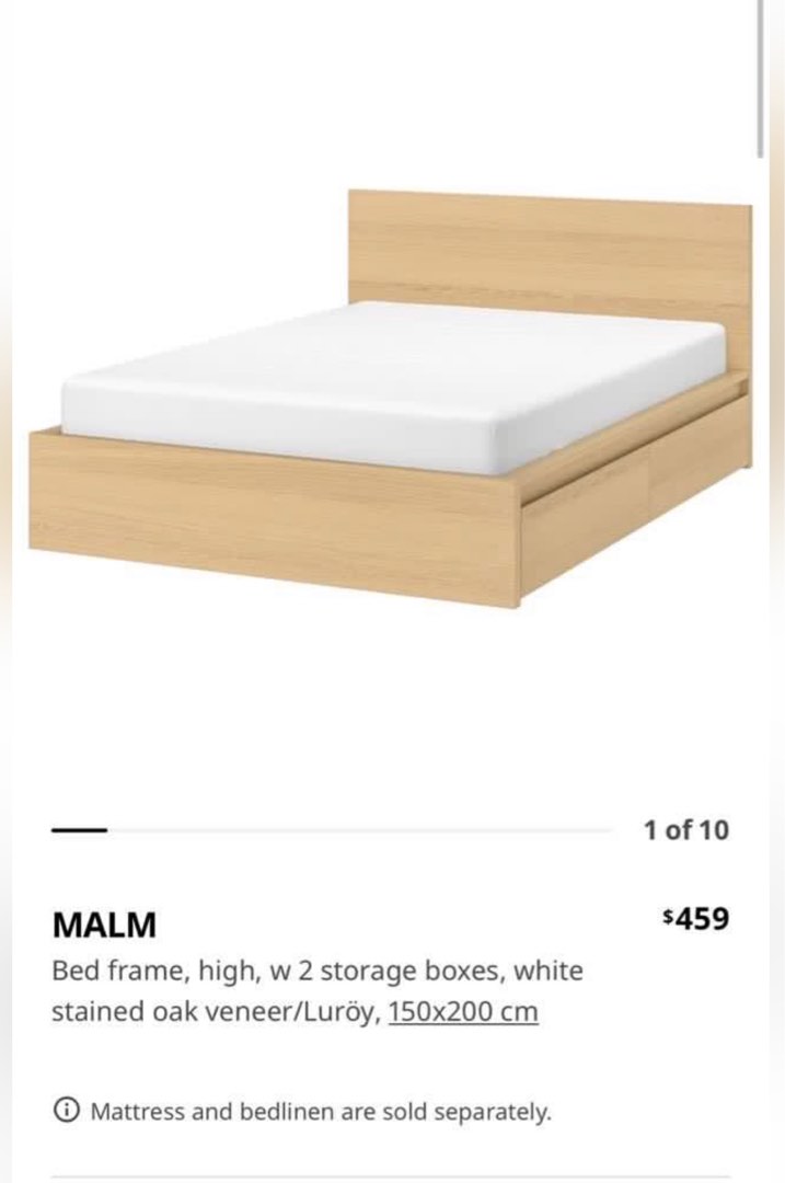 MALM Bed frame, high , w 2 storage boxes , white stained oak, Furniture