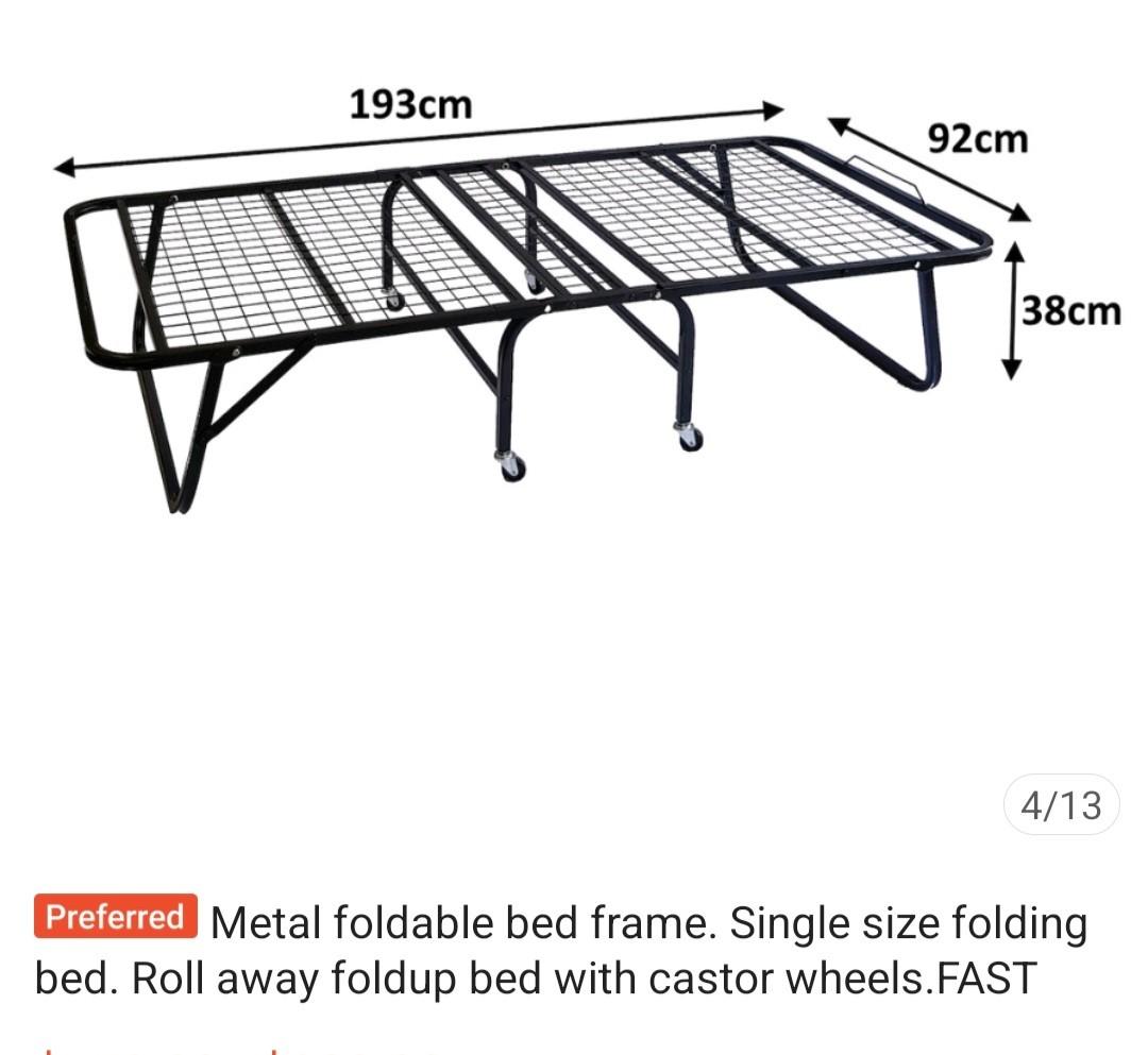 Metal Foldable bed frame with castor wheels, Furniture & Home Living