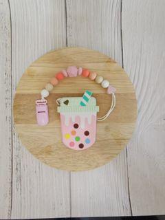 Modern Baby silicone teether clip set -  bubble milk tea design