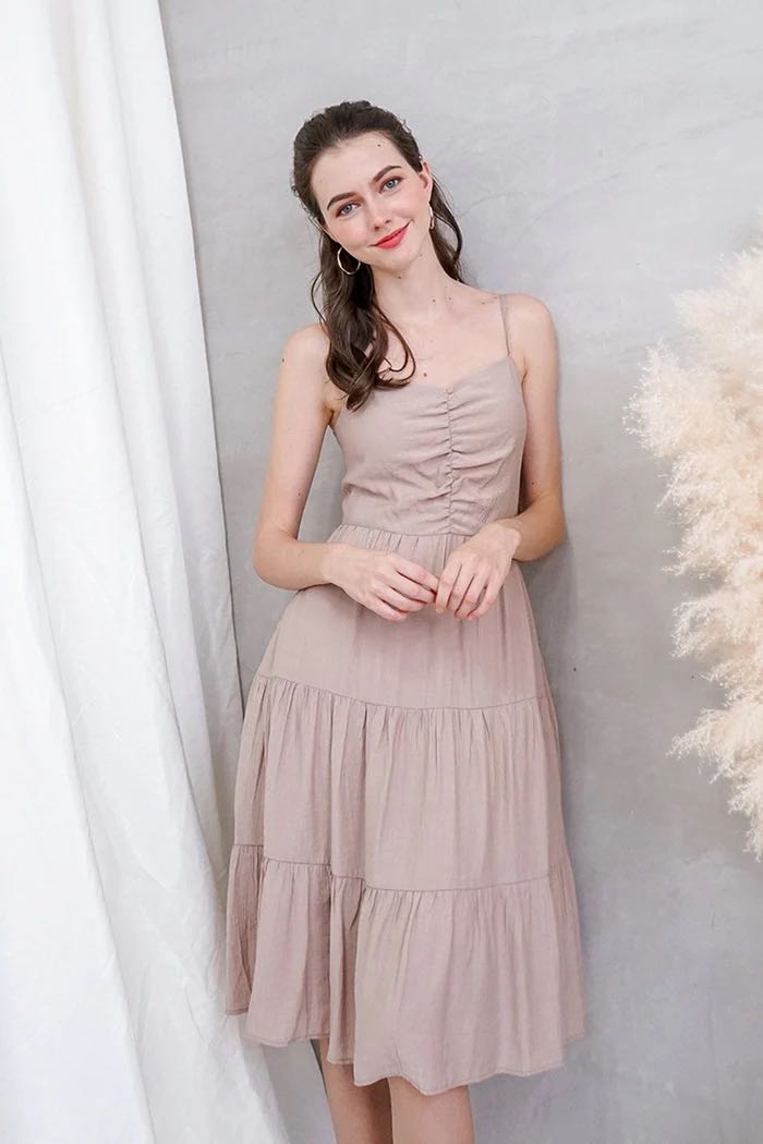 Spaghetti Straps Ruched Tiered Dress With Slit Taupe main image 1