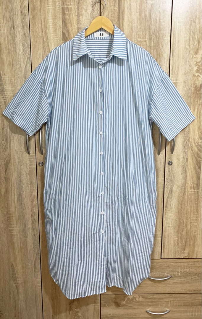 Plus Size Polo Pinstripes Buttondown Maxi Dress, Women's Fashion