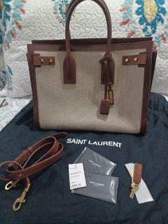SAINT LAURENTLinen Calfskin Souple Sac De Jour 48H Duffle Cognac