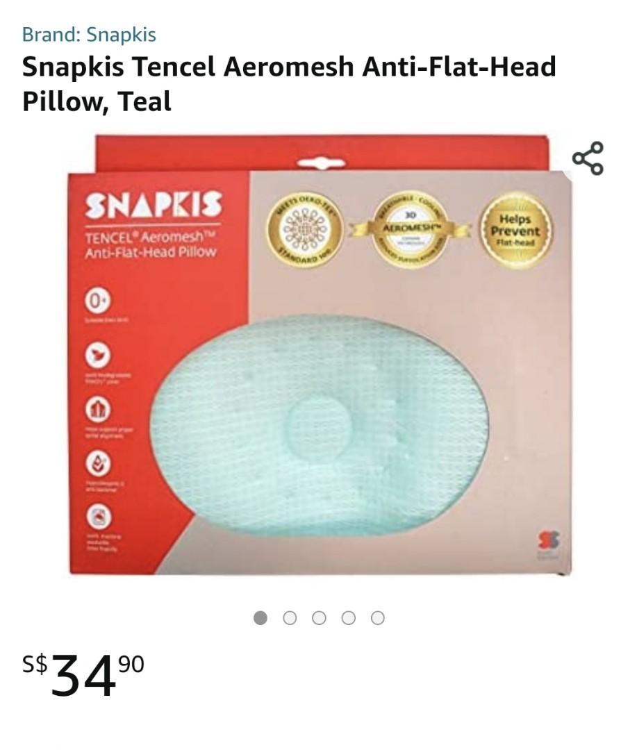 Snapkis Tencel Aeromesh Anti-Flat-Head Pillow (Category: Other Kids Furniture) located in Singapore. Submitted by racze (Listing ID 1180580949, Image 1). Description: Pillow is designed with a unique contour crater to help prevent and correct cranial deformities during infant's first months. Contouring helps maintain a proper sleeping posture with good spinal alignment. •Helps prevent flat-head •Made of 3D Aeromesh German technology •Breathable, 