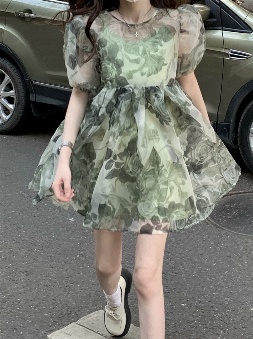 vintage green puffy dress ulzzang y2k petals, Women's Fashion, Dresses