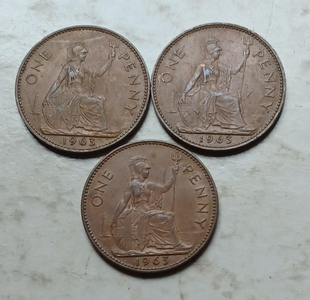 英國1963年1便士硬幣3枚（品相實物如圖）, 興趣及遊戲, 收藏品及紀念品, 錢幣- Carousell