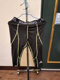 [ADIDAS]運動七分褲 黑色黃綠線 M號 束褲 緊身褲