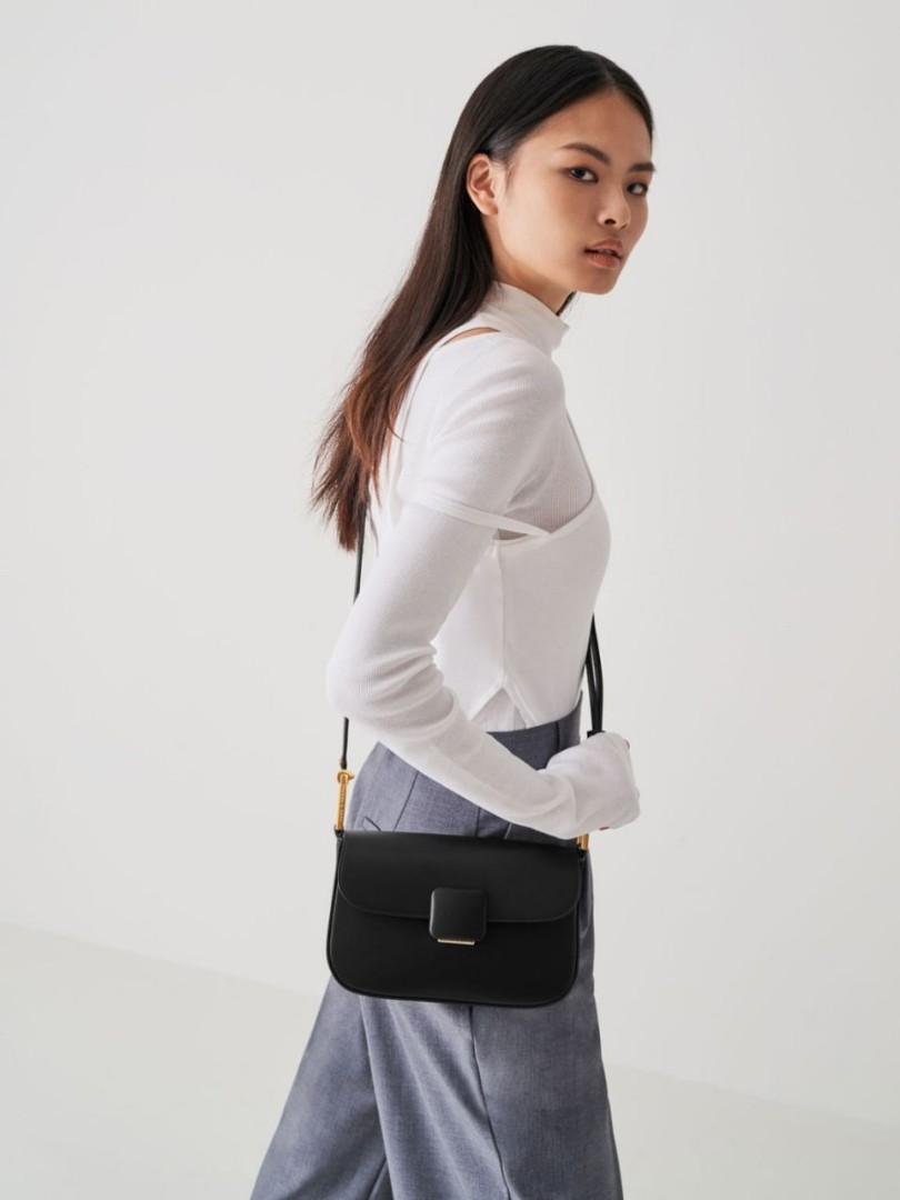 Charles & Keith - Women's Koa Square Push-Lock Shoulder Bag, Black, M