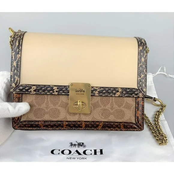 Authentic Coach Signature Canvas Rivets Snakeskin Shoulder Bag In Brown ...