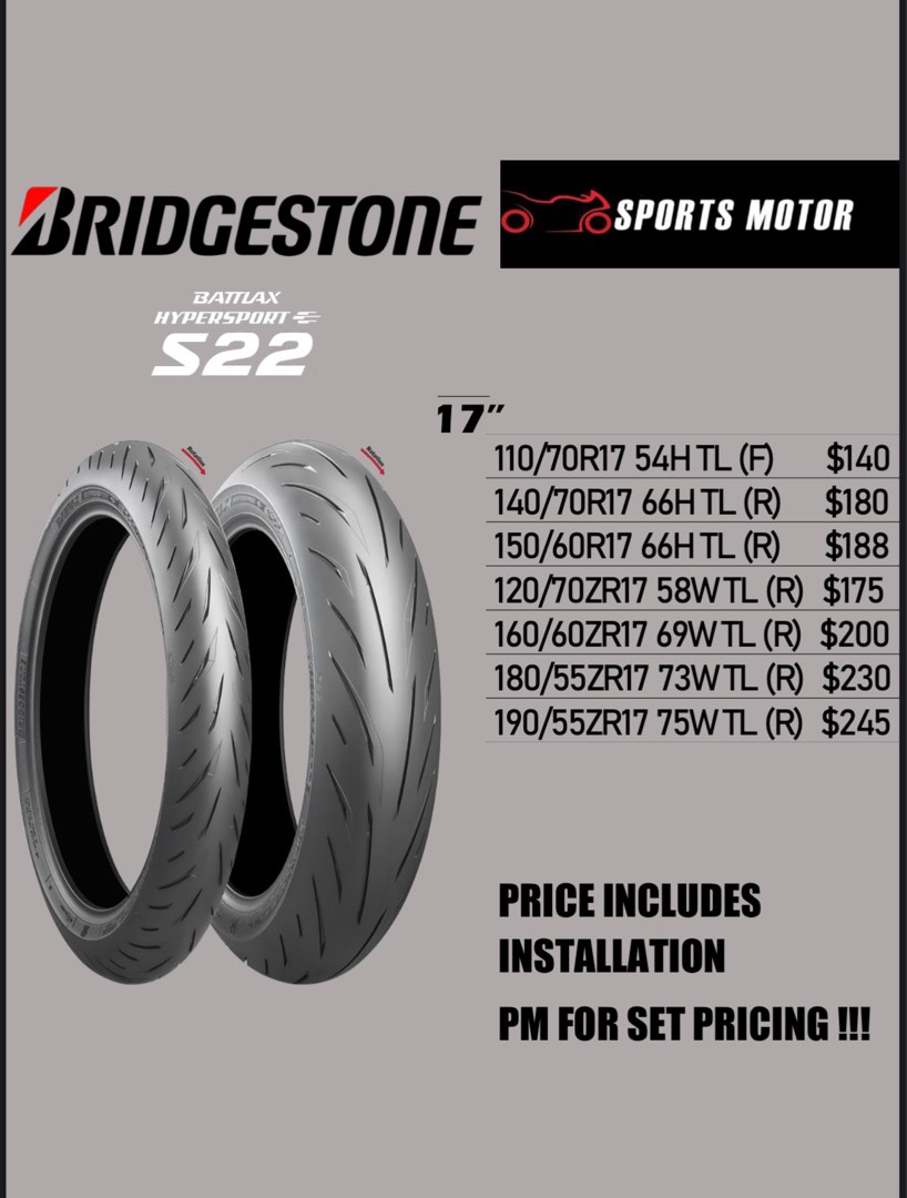 BRIDGESTONE BATTLAX S22 TYRES FOR 2B/2A/2 BIKES R15/MT15/FZ16/CB150R