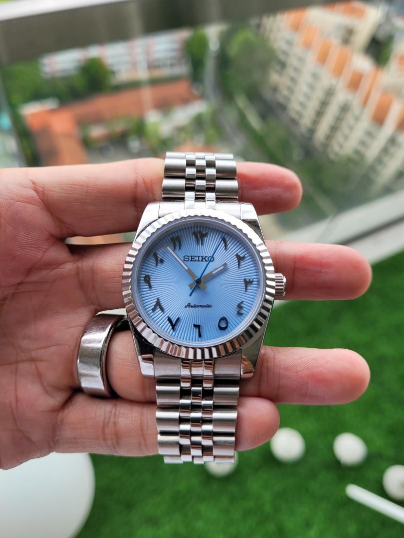 Custom Seiko Mod Blue Arabic Dial, Luxury, Watches on Carousell