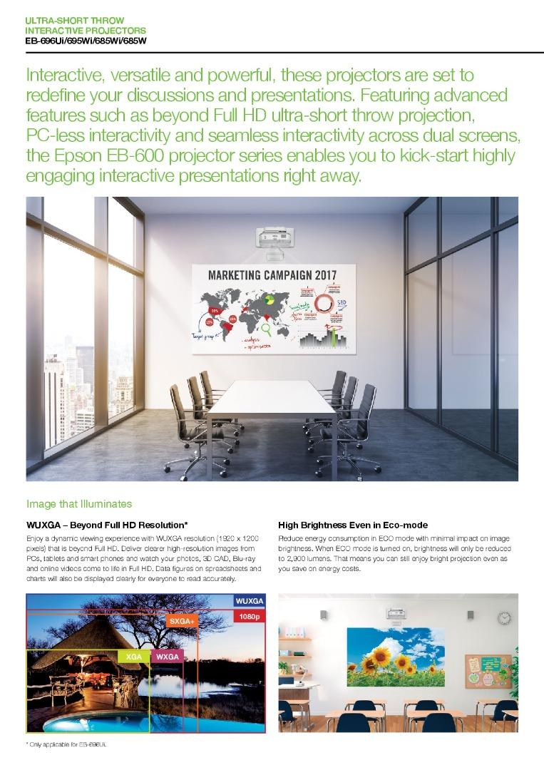 Epson EB695Wi UltraShort Throw Interactive WXGA 3LCD Projector, TV