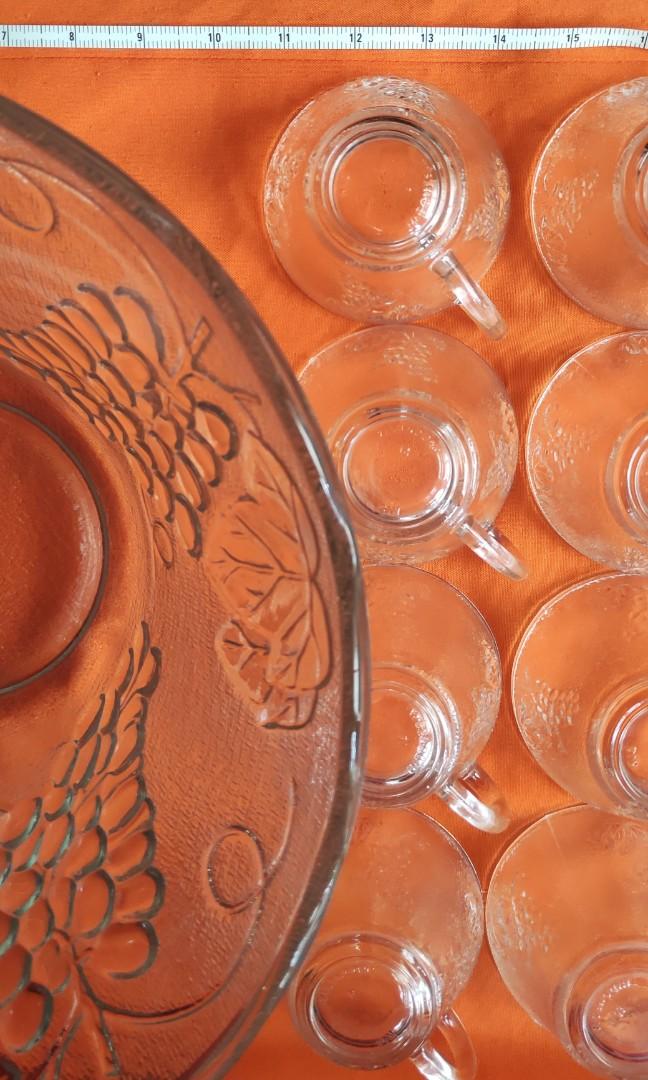 Glass Punch Bowl Set Grapes Design, Furniture & Home Living