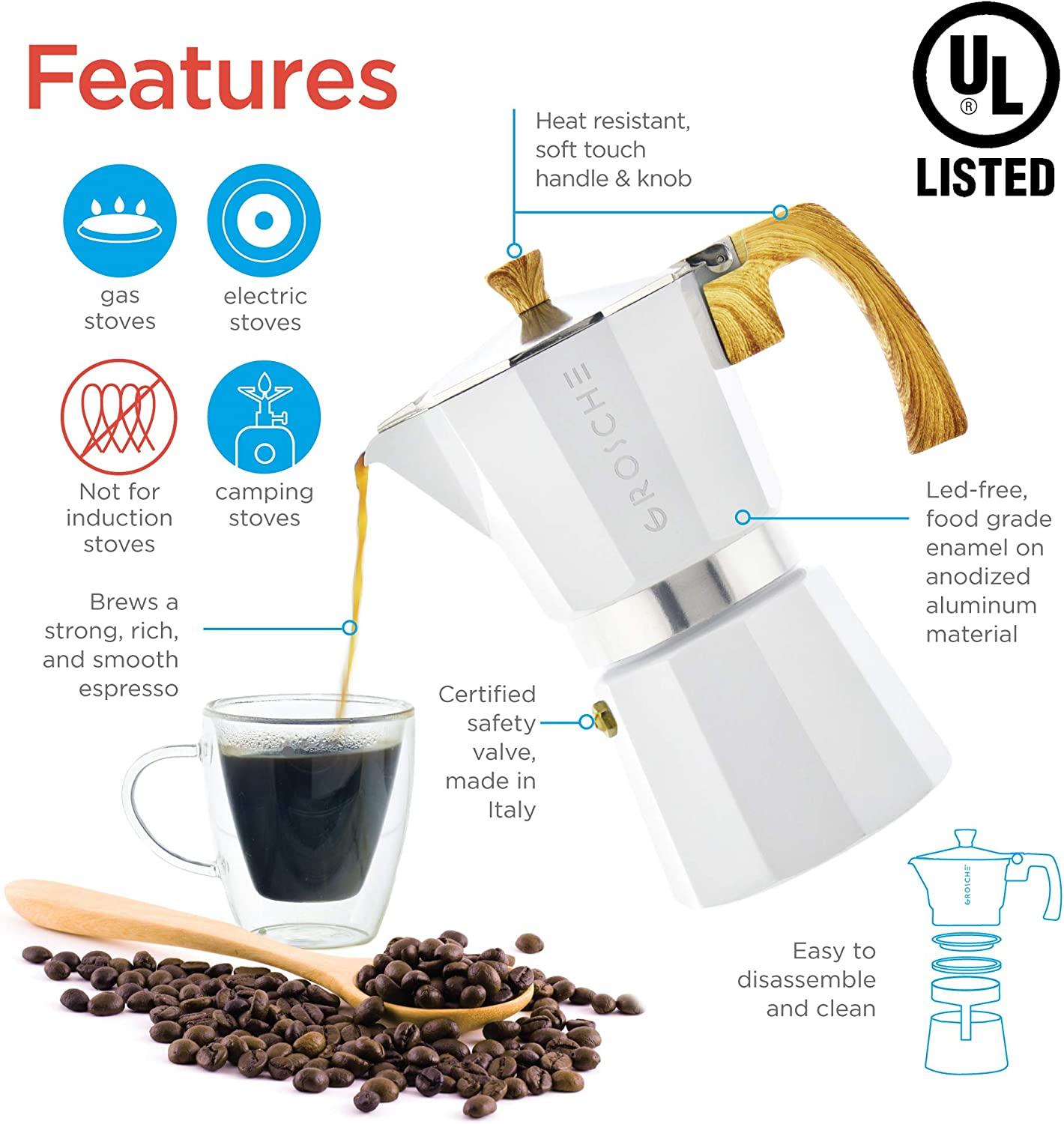 GROSCHE USA Milano Stovetop Espresso Maker Moka pot 3 espresso Cup 5 oz, White Cuban Coffee