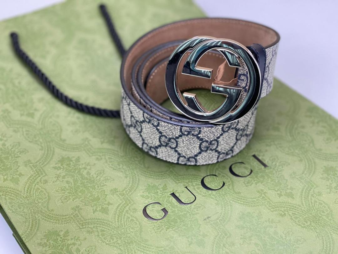 Gucci Beige/Black GG Supreme Canvas and Leather Interlocking G Buckle Belt  85CM Gucci