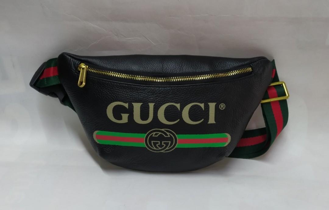 GUCCI Print Leather Black Belt Travel Waist Bum Bag 493869-US