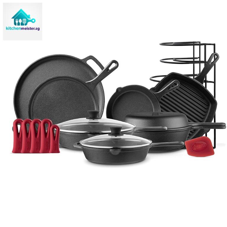 Cuisinel cast iron cookware 6-pc set - 10+12 skillet + glass lids + pizza  pan + pan rack organizer + silicone handle covers + scrape