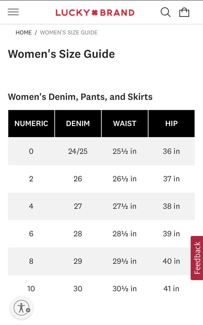 Lucky brand jeans size deals chart