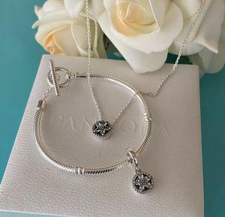 Pandora silver Tbar bracelet silver with set of necklace and flower charm in silver